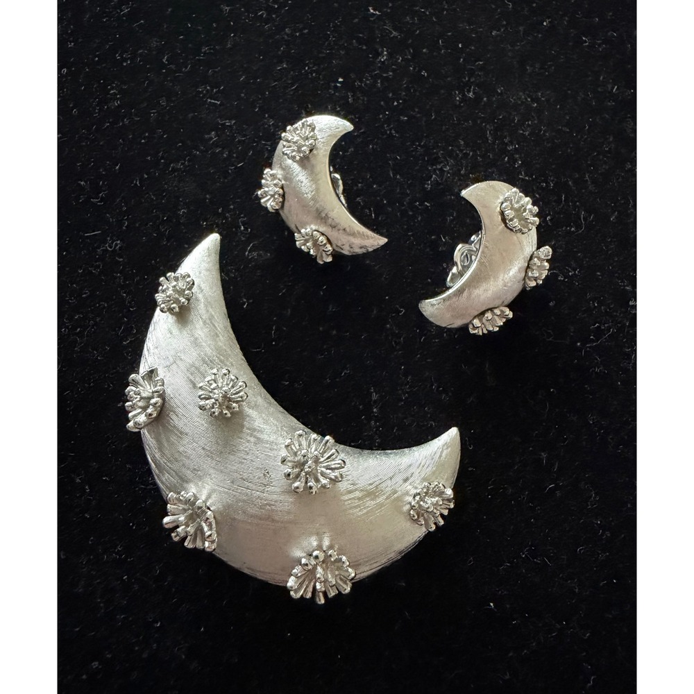 Trifari Silver Tone Crescent Moon Pin & Earrings Set
